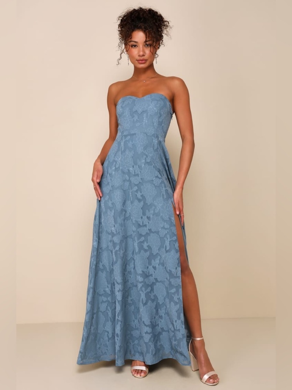 Lulus Garden of Romance Dusty Blue Floral Burnout Strapless Maxi Dress